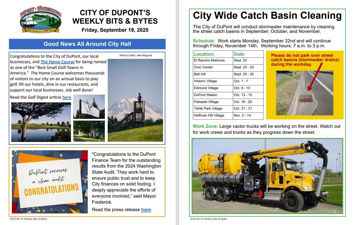 Pictures of The Home Course, confetti, city logo, vactor truck, and catch basin by a curb.