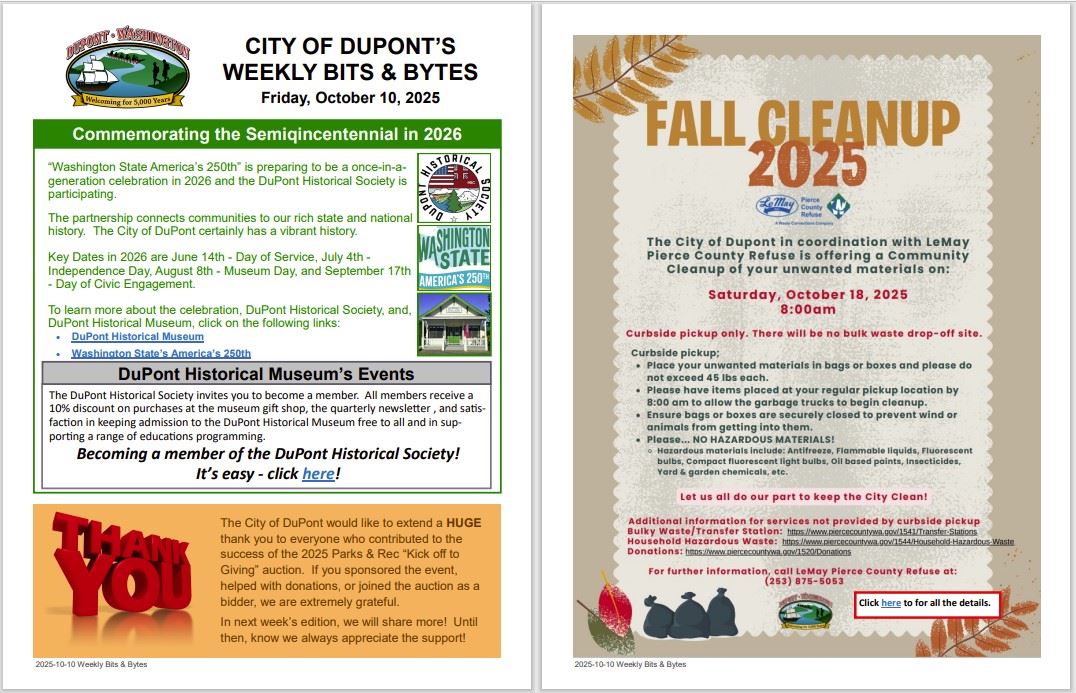 1st 2 pages of the weekly Bits & Bytes, with text, logos, and flyers.