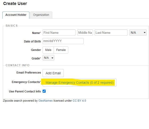 CivicRec Create User Window